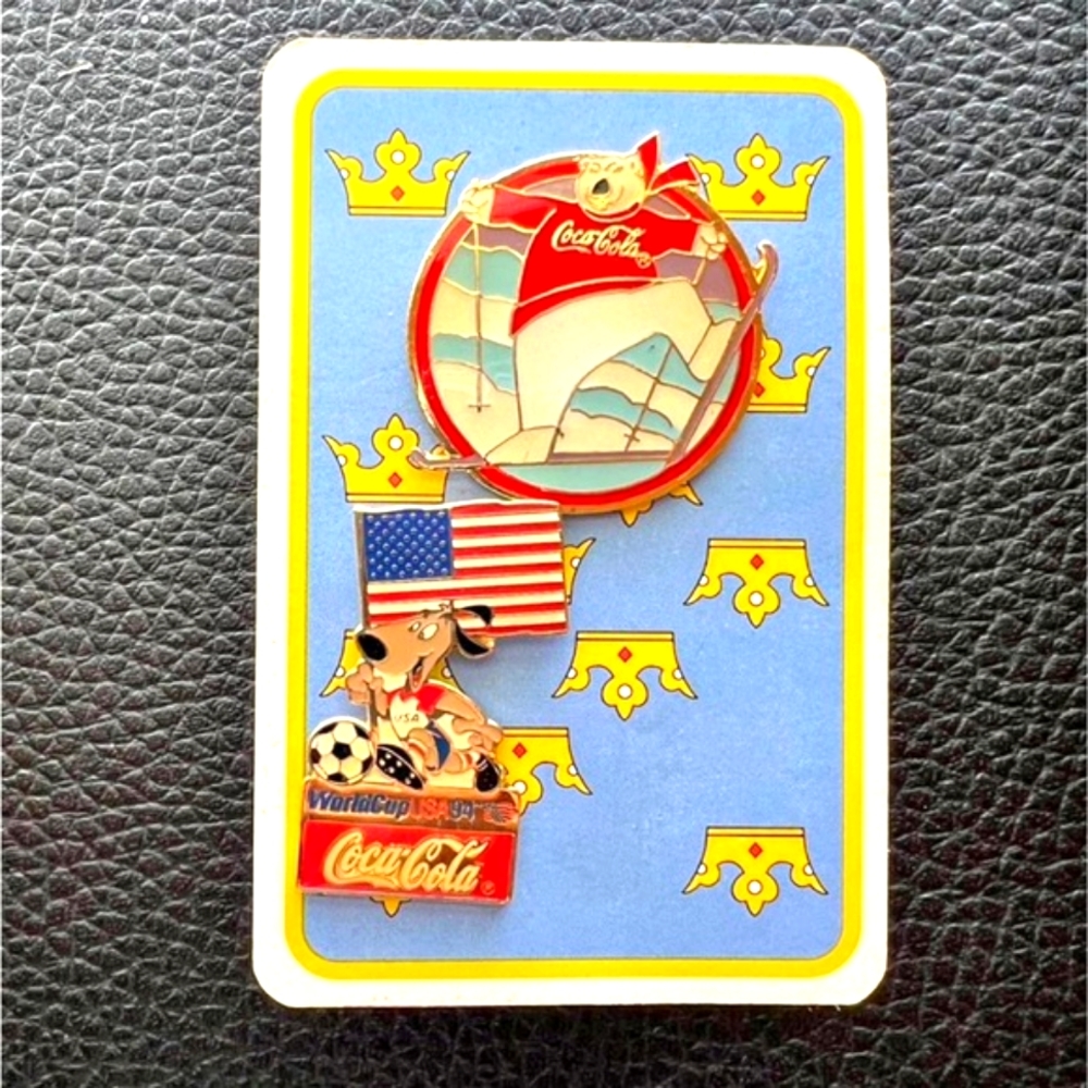 Vintage Coca-Cola Pins Polar bear skiing and 1994 Worldcup USA Dog Soccer ball